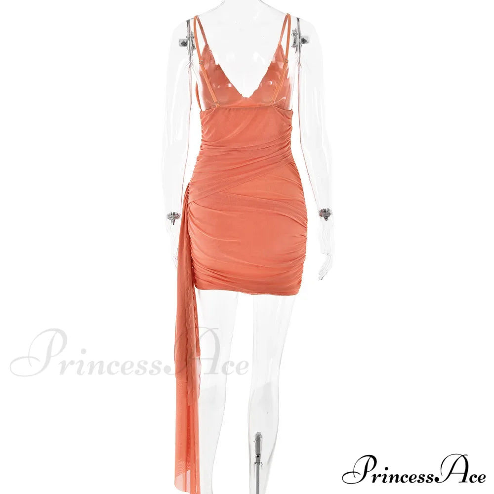 Orange V-Neck Bandage Charming Bodycon Mini Dress Mesh