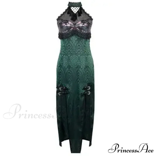 Original Design Summer Dress Snake Halter Neck Mesh Patch New Sexy Gothic Cheongsam High Slit Green