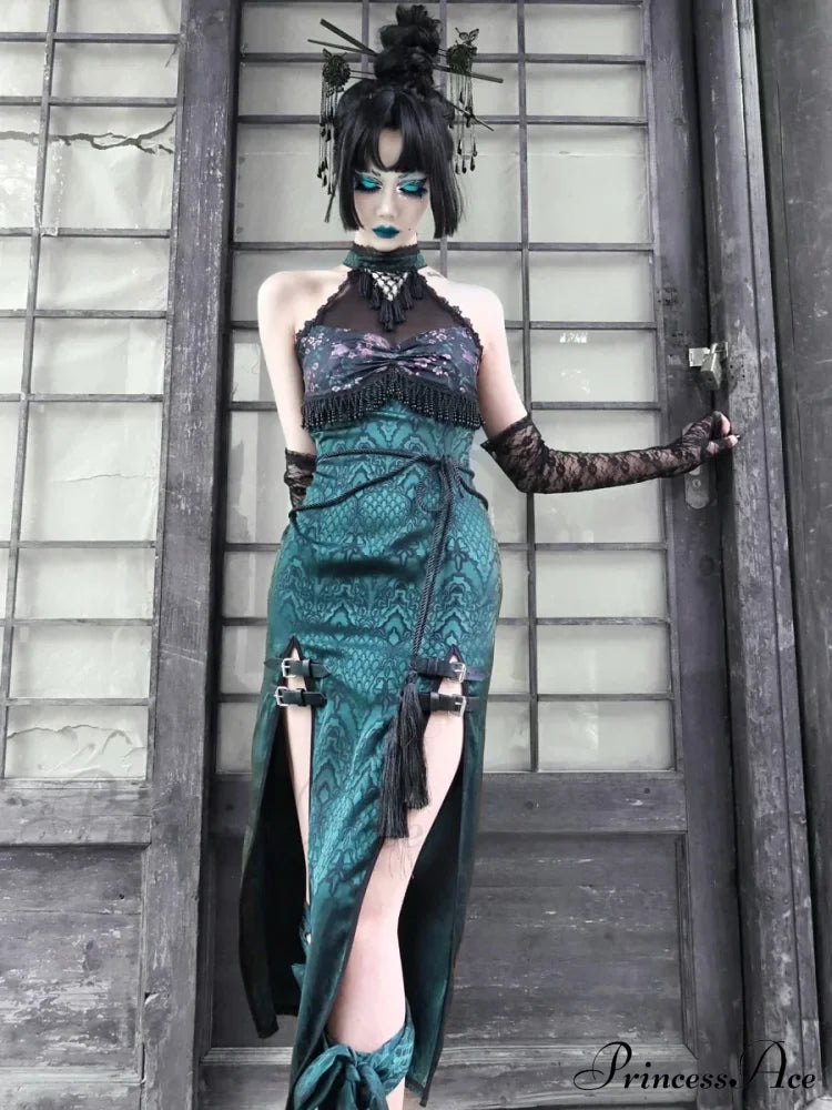 Original Design Summer Dress Snake Halter Neck Mesh Patch New Sexy Gothic Cheongsam High Slit