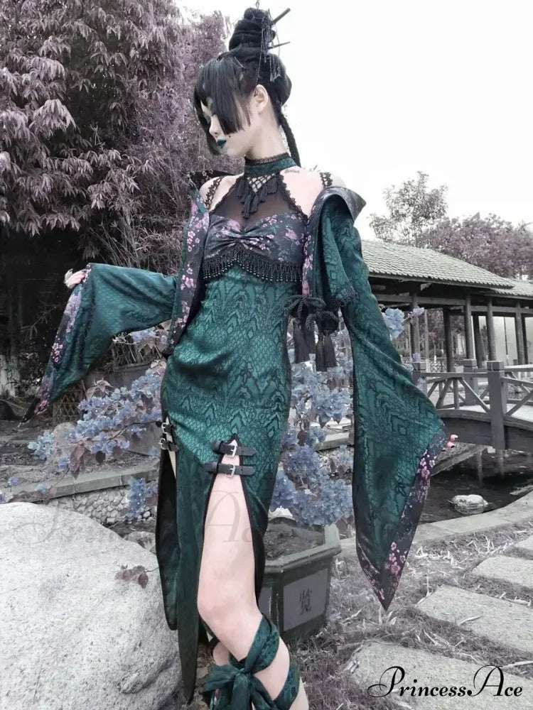 Original Design Summer Dress Snake Halter Neck Mesh Patch New Sexy Gothic Cheongsam High Slit