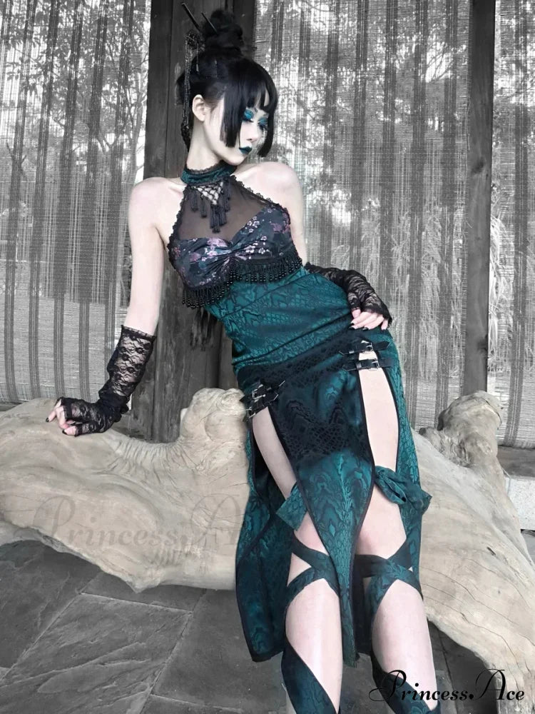 Original Design Summer Dress Snake Halter Neck Mesh Patch New Sexy Gothic Cheongsam High Slit