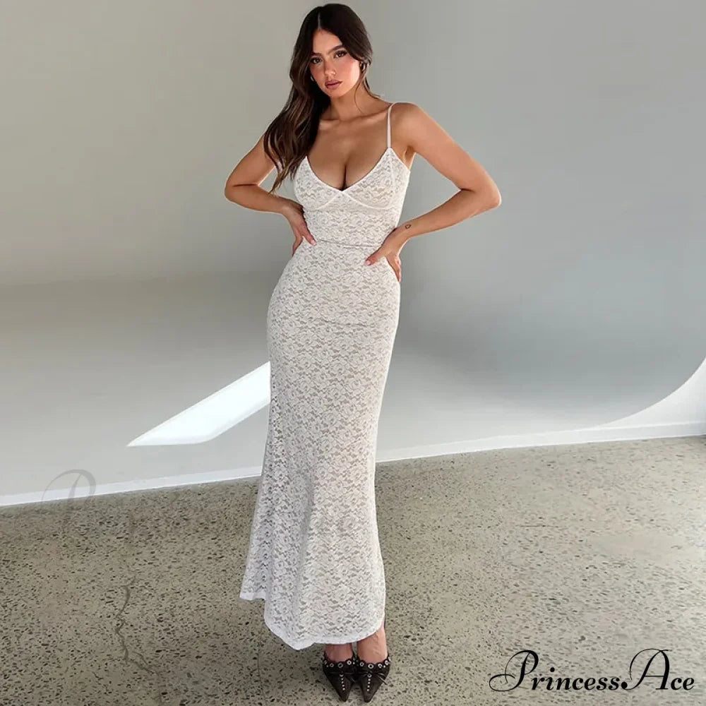 Out Lace Sheer Maxi Dress White / S