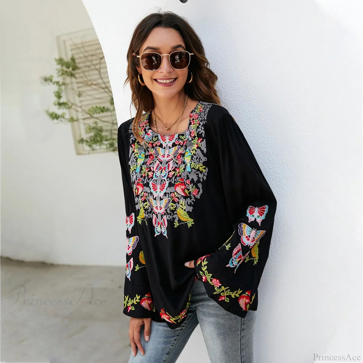 Oversize Floral Embroidery Loose Cotton Boho Blouse bohoblouse-250126