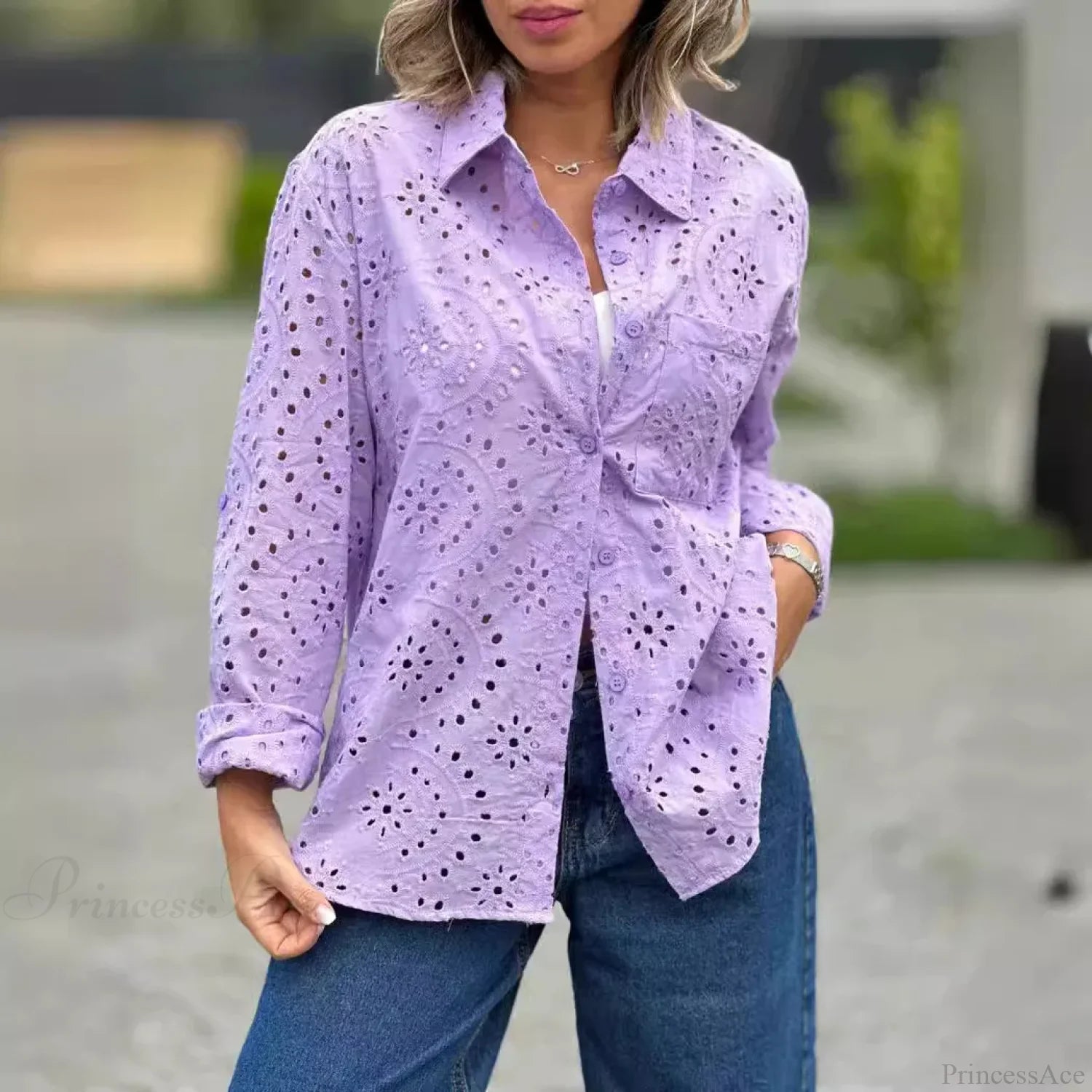 Oversize Loose Floral Embroidery Lace Boho Blouse Lavender / S bohoblouse-250126