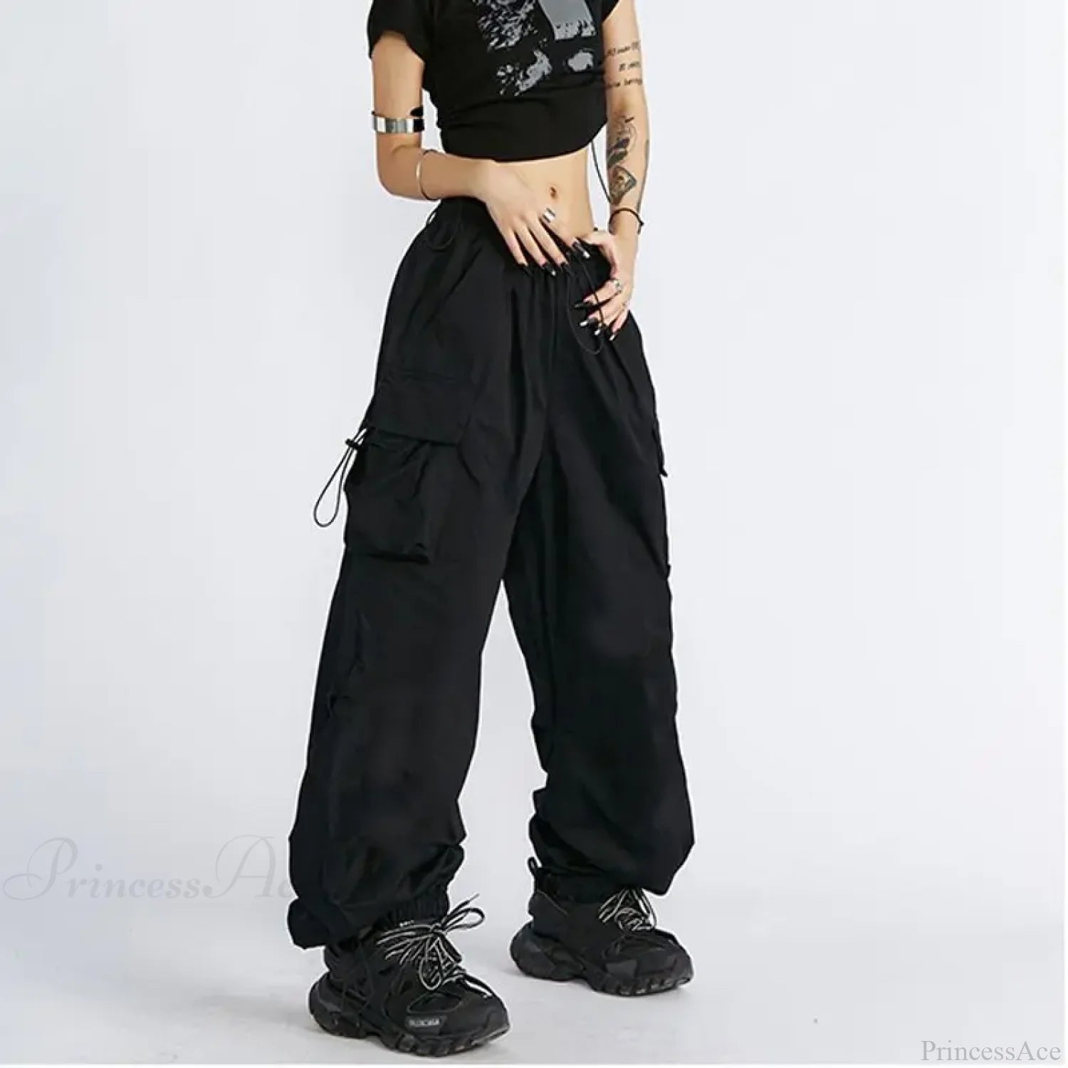 Oversize Solid Cargo Drawstring Pants Black / S