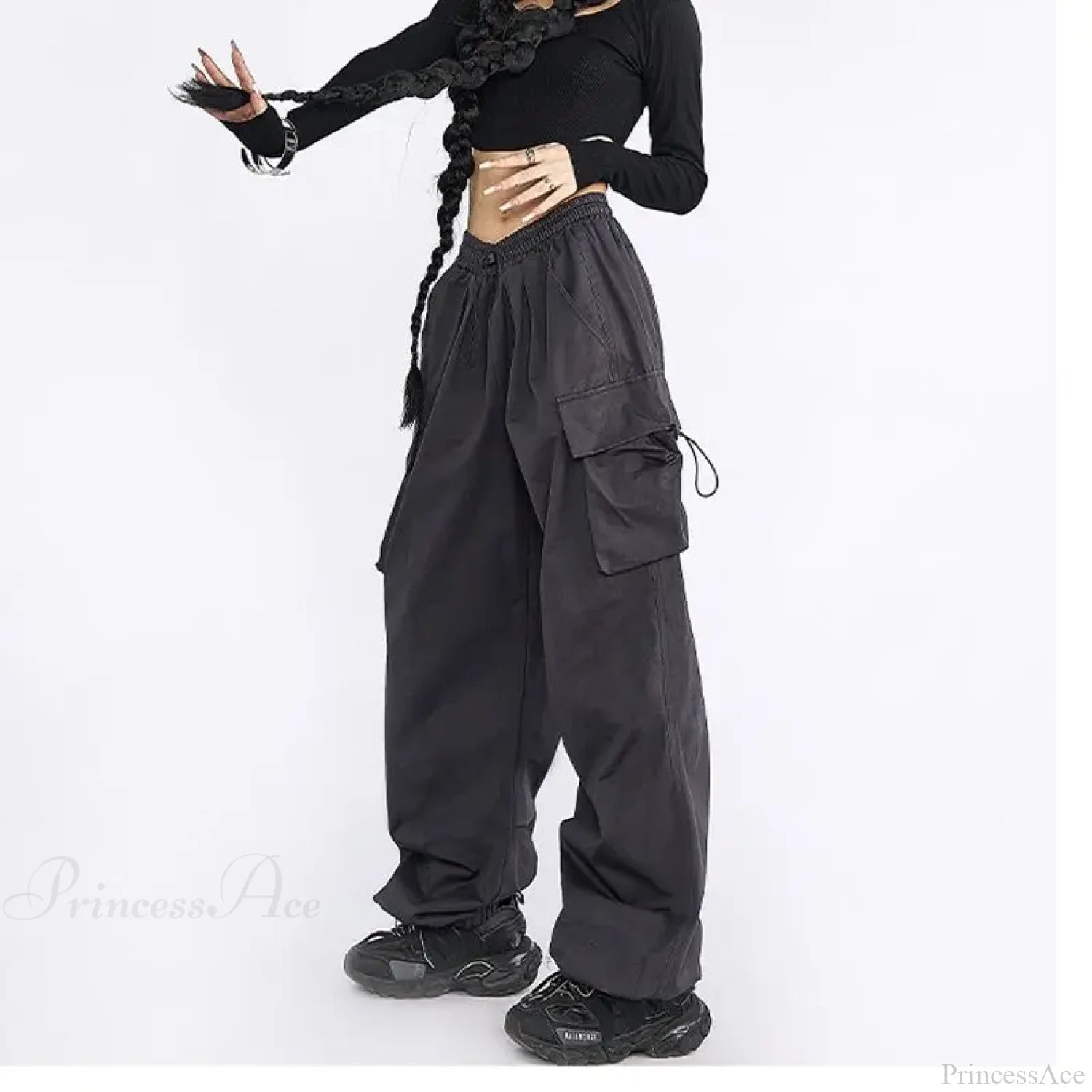 Oversize Solid Cargo Drawstring Pants Dark Gray / S