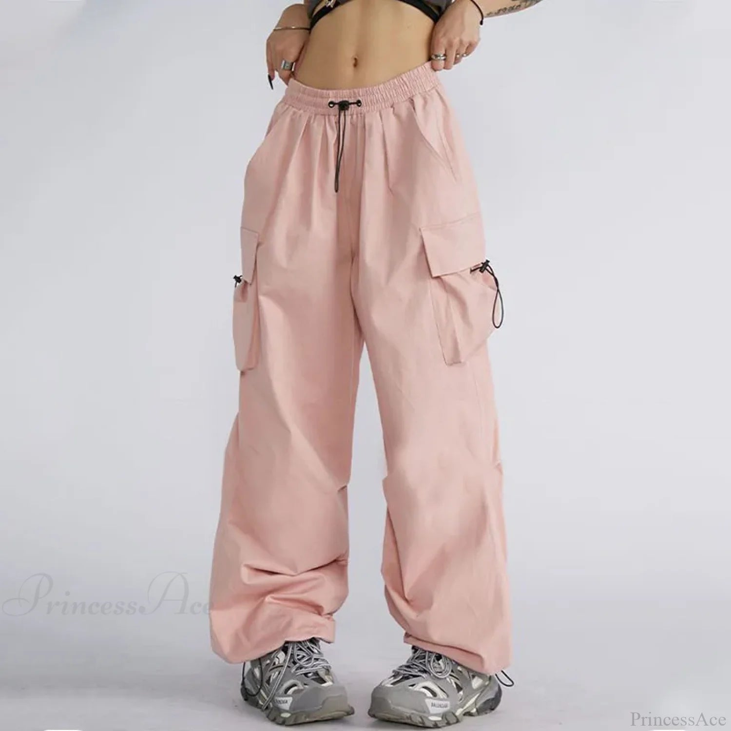 Oversize Solid Cargo Drawstring Pants Pink / S