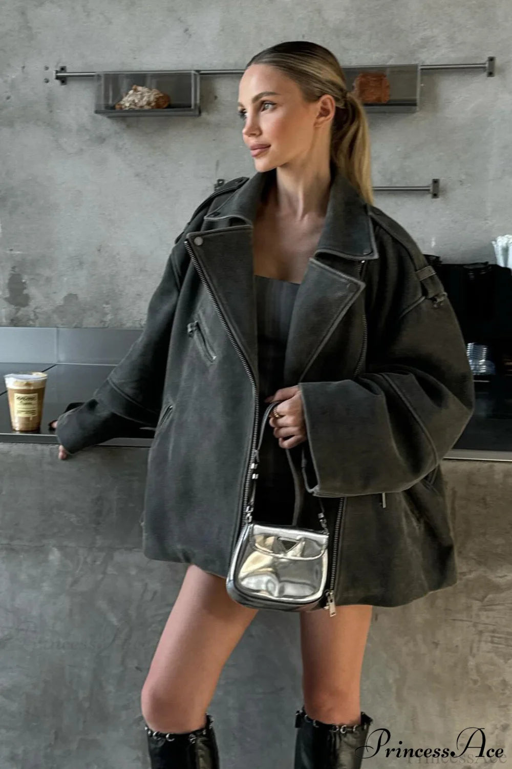 Oversize Suede Lapel Retro Versatile Coat Grey / S