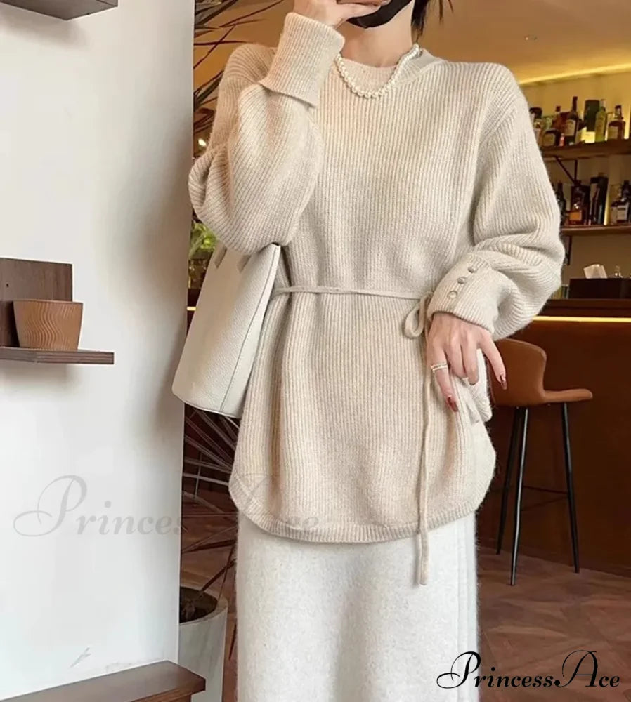 Oversize Thick Red Knitting Warm Casual Lantern Sleeve Christmas Sweater Beige / One Size Sweaters-L