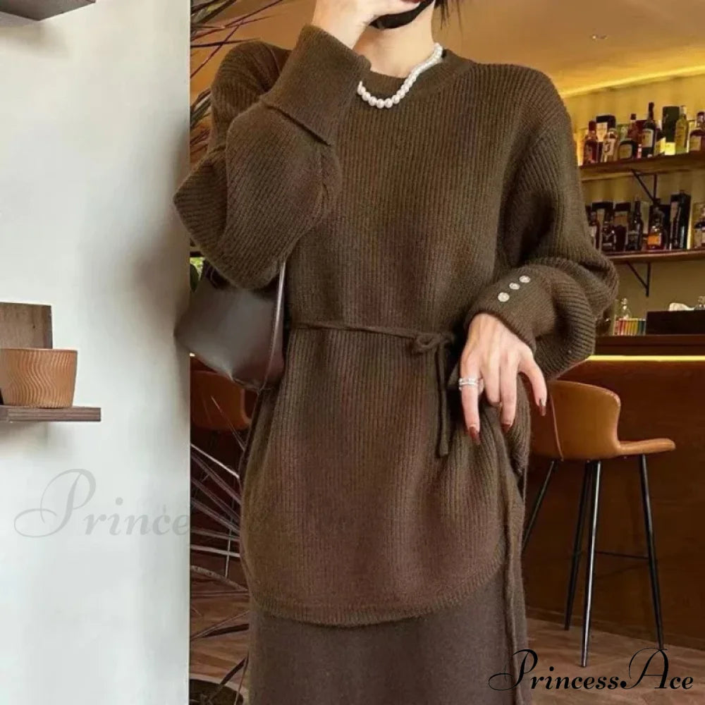 Oversize Thick Red Knitting Warm Casual Lantern Sleeve Christmas Sweater Brown / One Size Sweaters-L