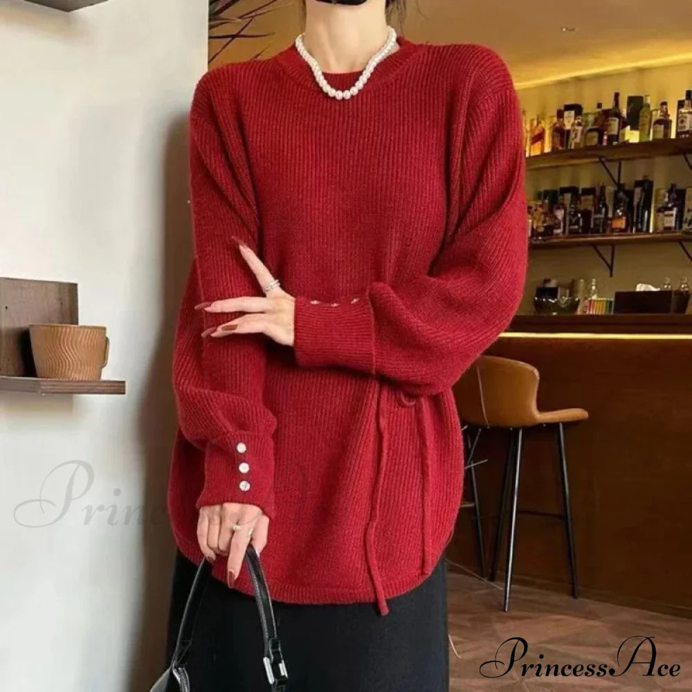 Oversize Thick Red Knitting Warm Casual Lantern Sleeve Christmas Sweater / One Size Sweaters-L