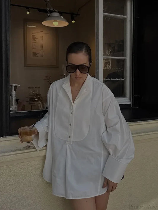 Oversize White Lapel Full Sleeve Side Split Blouse blouse-250126