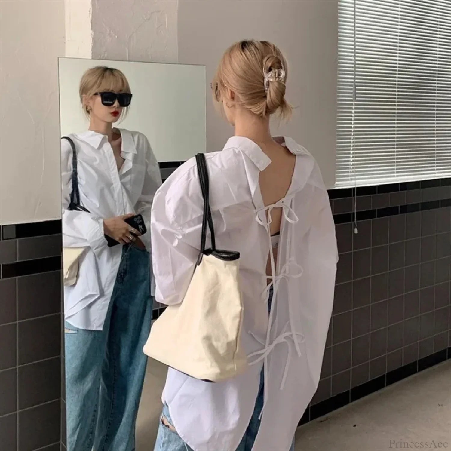 Oversized Bandage Long Sleeve Streetwear White Blouse blouse-250126