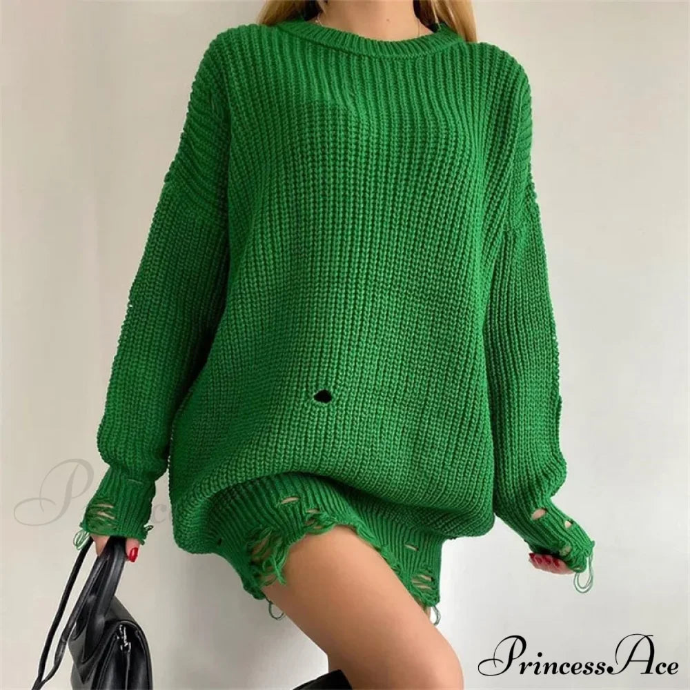 Oversized Casual Sexy Club Y2K Women Knitted Green O Neck Christmas Sweater Sweaters-L