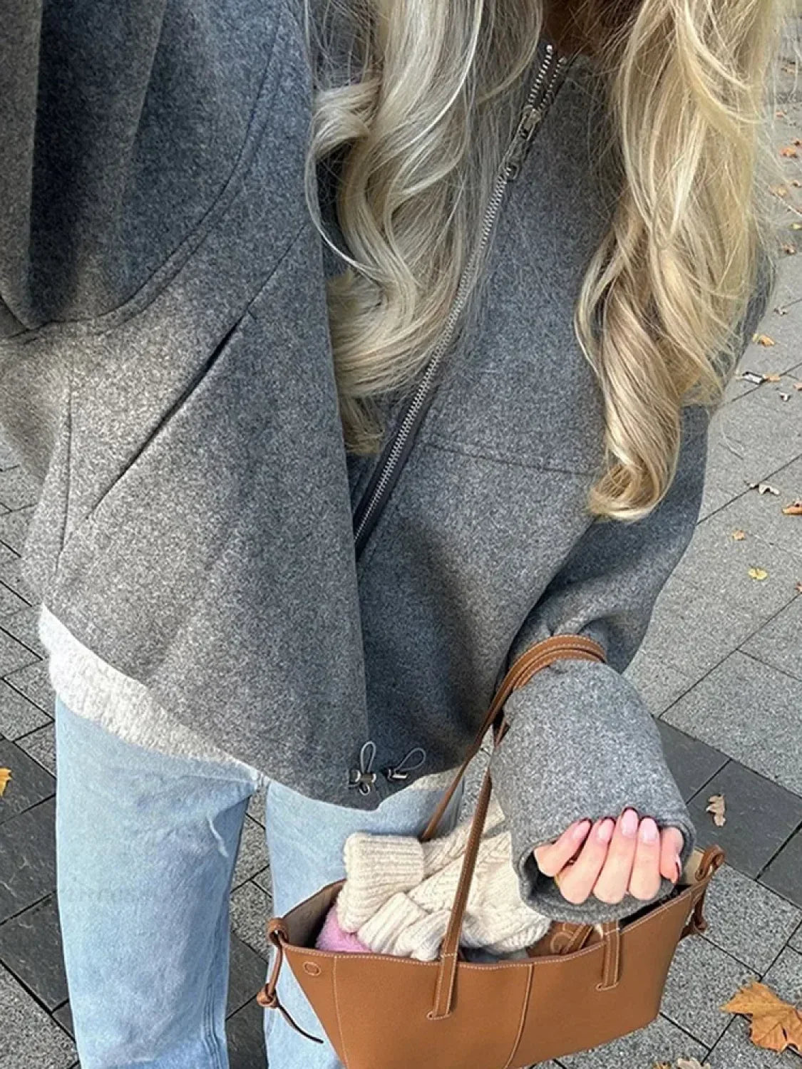Oversized Grey Drawstring Woolen Coat