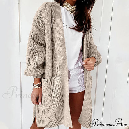 Oversized Lantern Sleeve Knitted Sweater Warm Long Cardigan