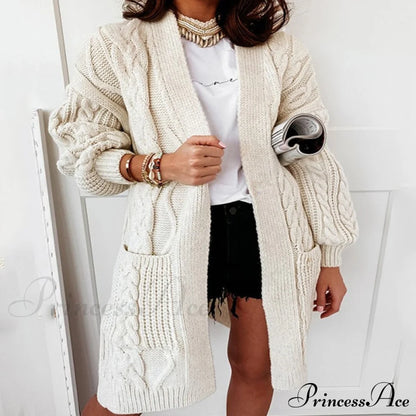 Oversized Lantern Sleeve Knitted Sweater Warm Long Cardigan