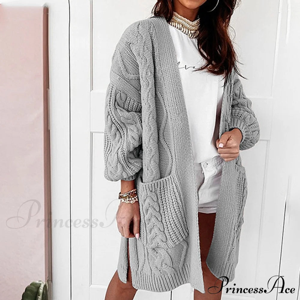 Oversized Lantern Sleeve Knitted Sweater Warm Long Cardigan