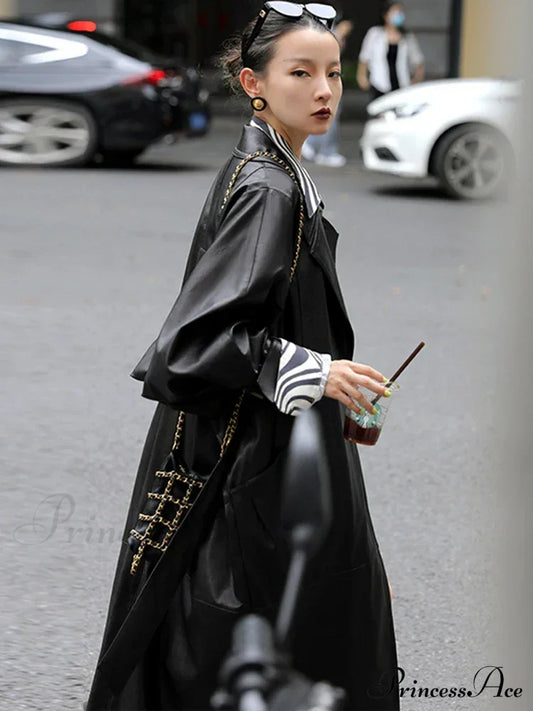 Oversized Long Black Soft Pu Leather Belt Double Breasted Luxury Korean Fashion Stylish Coat / S