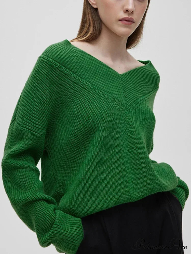 Oversized Loose Long Sleeve Solid Green Fashion Knitted Christmas Sweater / S Sweaters-L