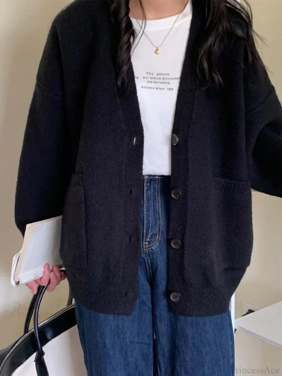 Oversized Preppy V-Neck Knitted Knit Cardigan Black / One Size cardiagn-250126