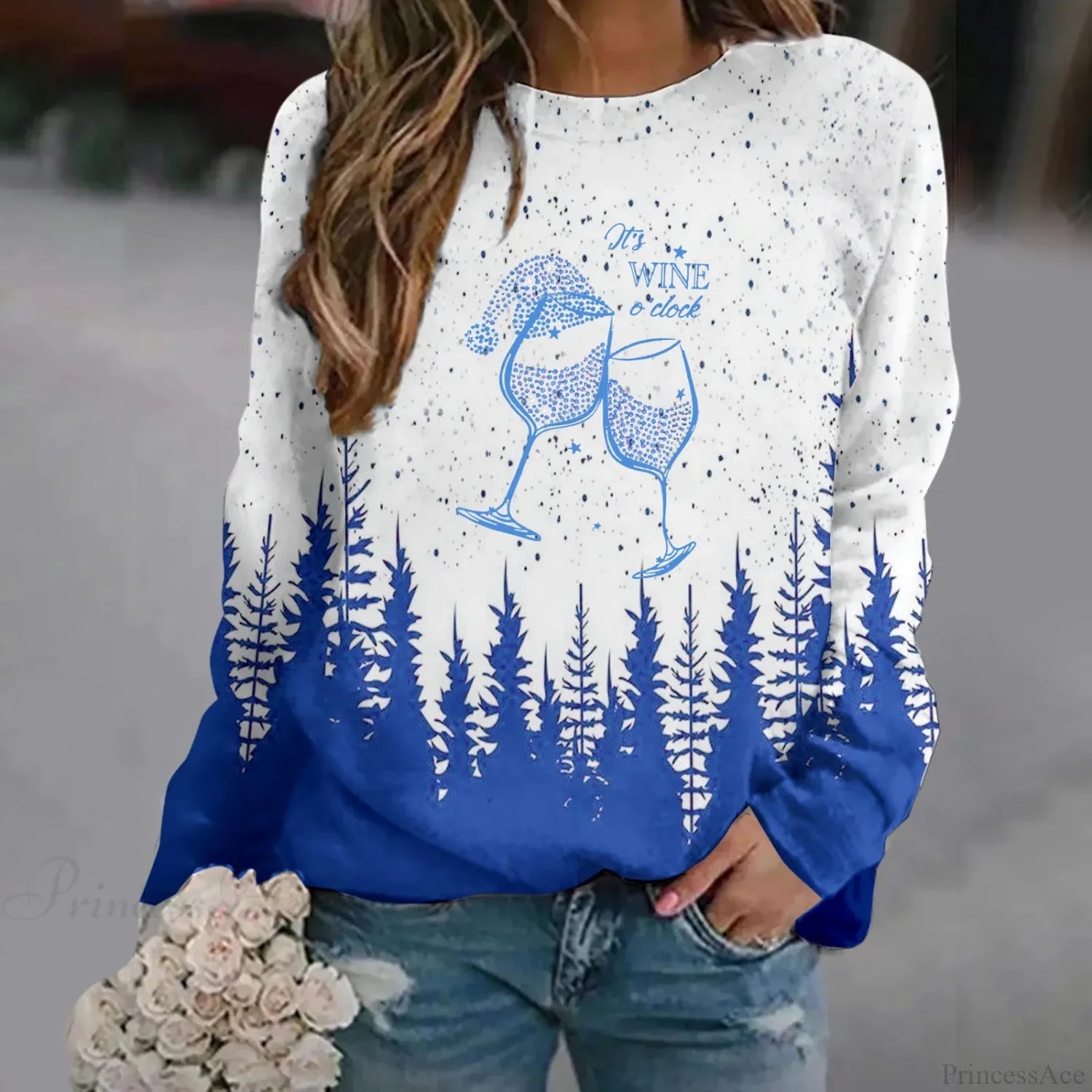 Oversized Print Crew Neck Soft Long Sleeve Casual Loose Y2K Winter Christmas Hoodie Blue-3 / S
