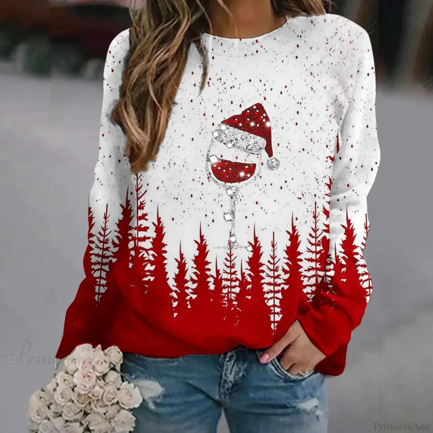 Oversized Print Crew Neck Soft Long Sleeve Casual Loose Y2K Winter Christmas Hoodie Hoodies-L