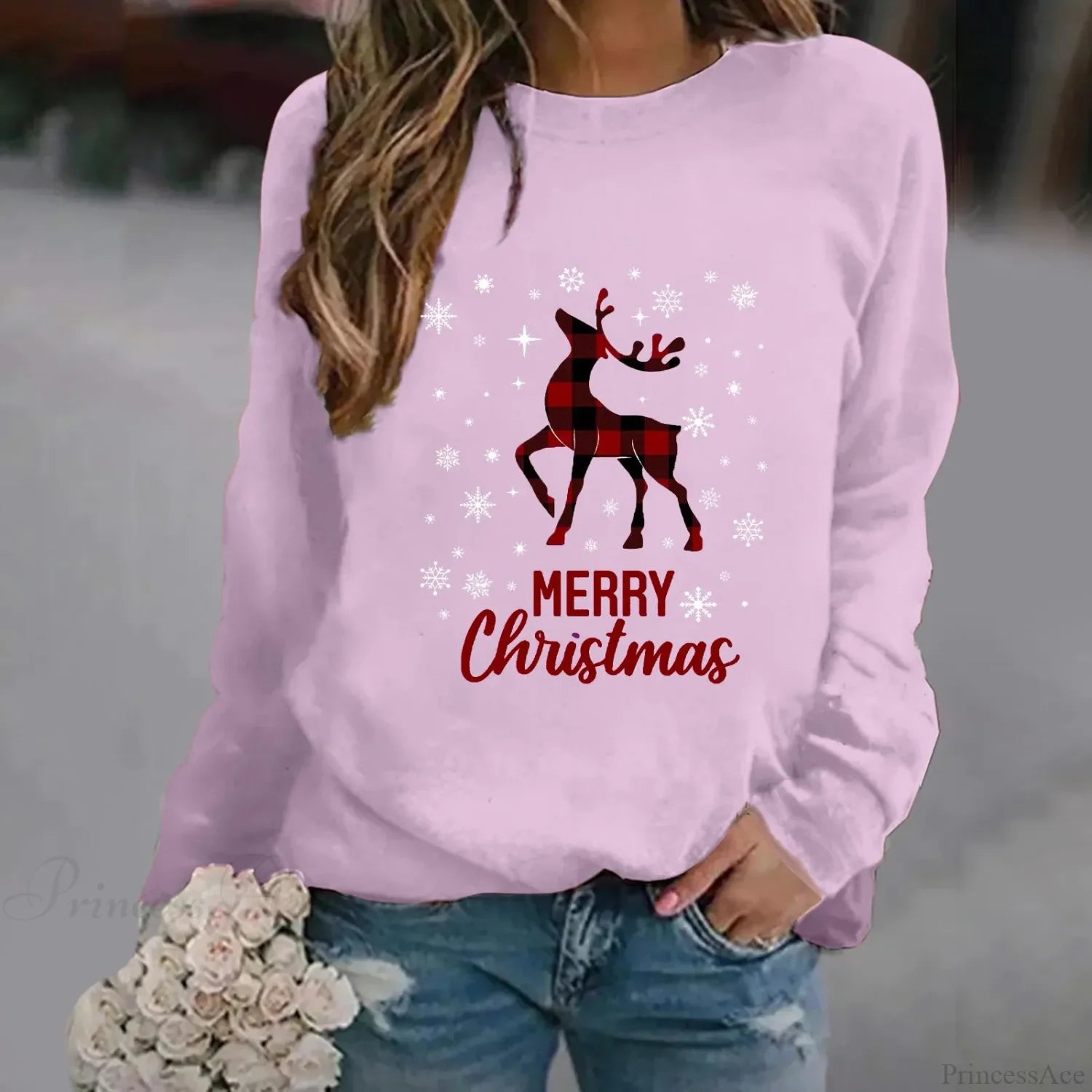 Oversized Print Crew Neck Soft Long Sleeve Casual Loose Y2K Winter Christmas Hoodie Pink-1 / S