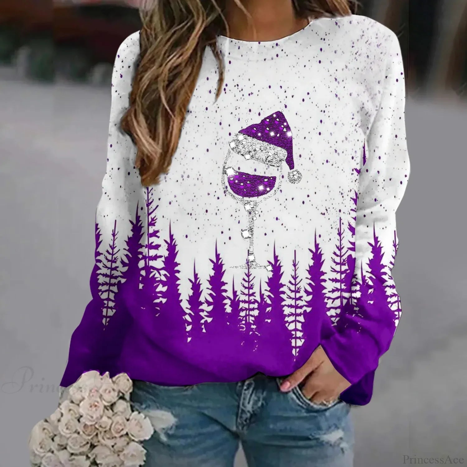 Oversized Print Crew Neck Soft Long Sleeve Casual Loose Y2K Winter Christmas Hoodie Purple-1 / S
