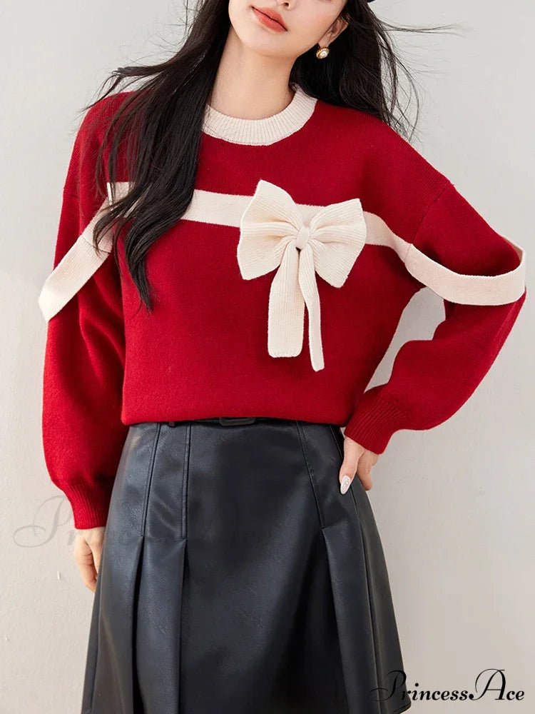 Oversized Red Bow Winter Patchwork Soft Long Sleeve Christmas Sweater Sweaters-L