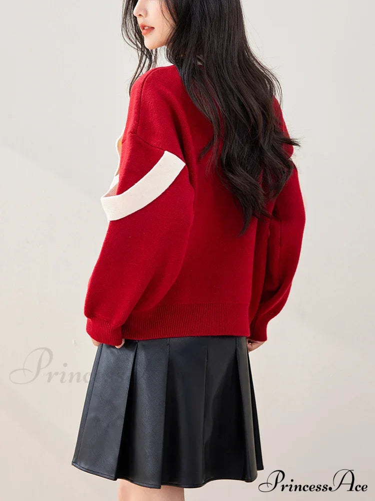 Oversized Red Bow Winter Patchwork Soft Long Sleeve Christmas Sweater Sweaters-L