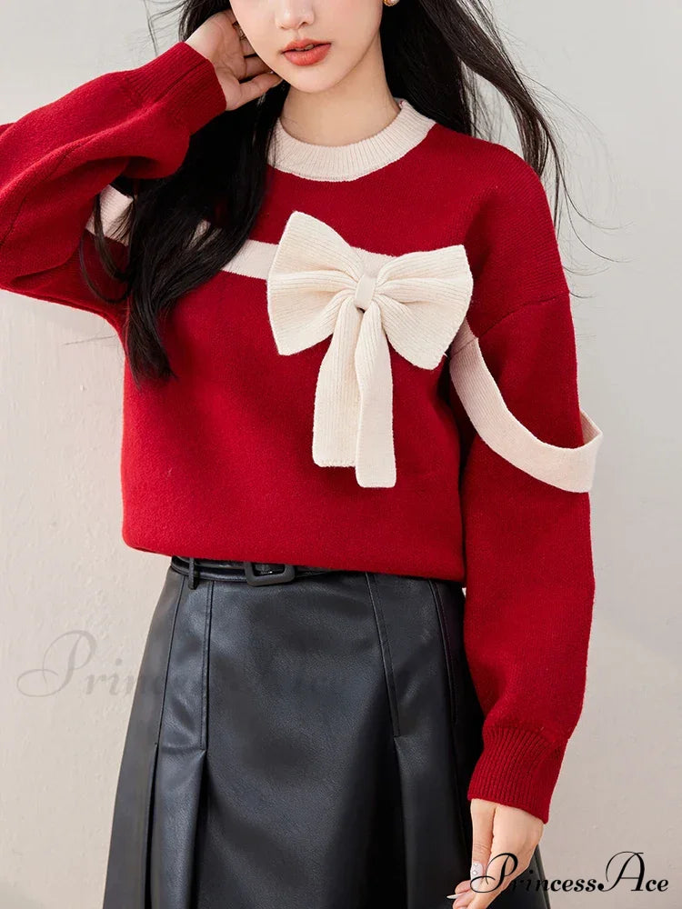 Oversized Red Bow Winter Patchwork Soft Long Sleeve Christmas Sweater Sweaters-L