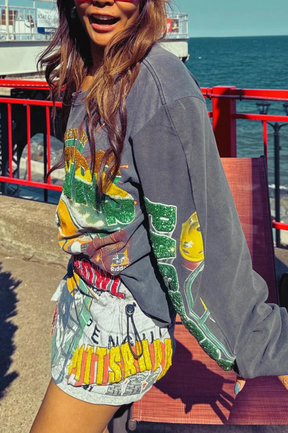 Oversized Sequin Print Retro Slouchy Long Sleeve Tee