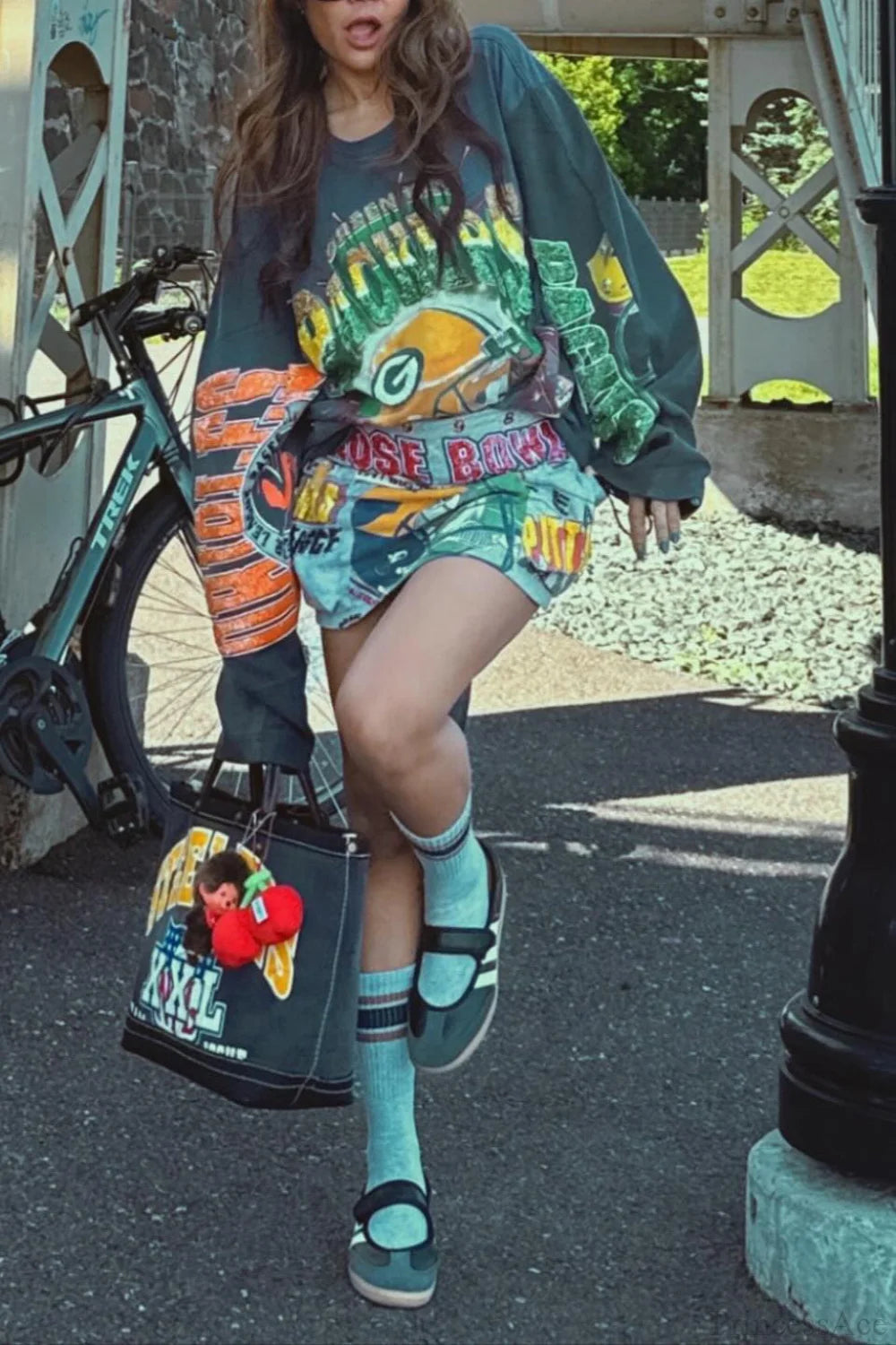 Oversized Sequin Print Retro Slouchy Long Sleeve Tee