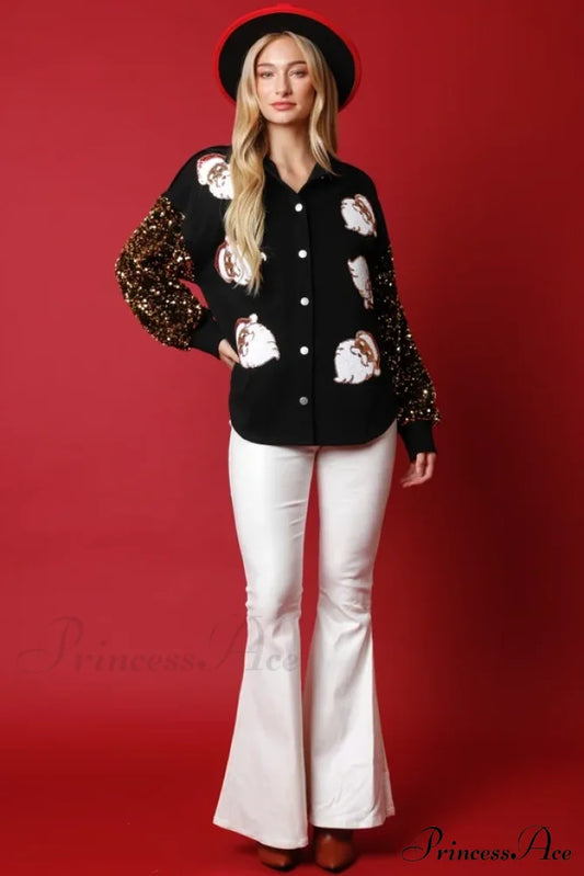 Oversized Sequin Santa Claus Knit Cardigan Black / S Cardigan-241208