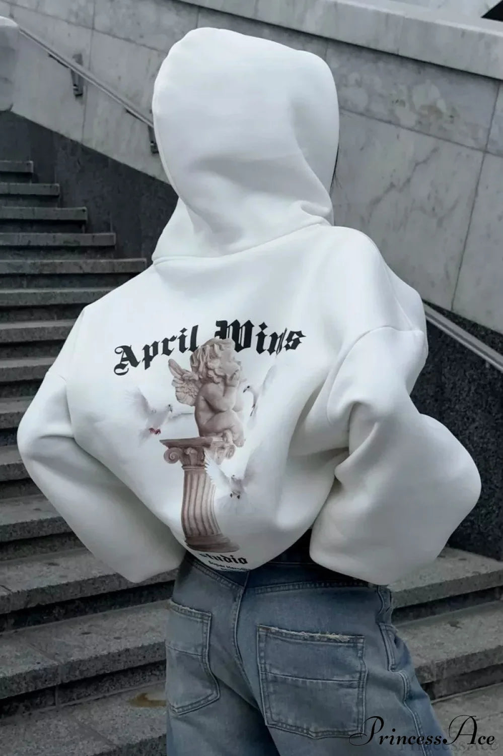 Oversized Street Casual Angel Print Zip-Up Hoodie White / S