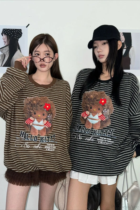 Oversized Striped Exploding Afro Hello Kitty Print Sweatshirt