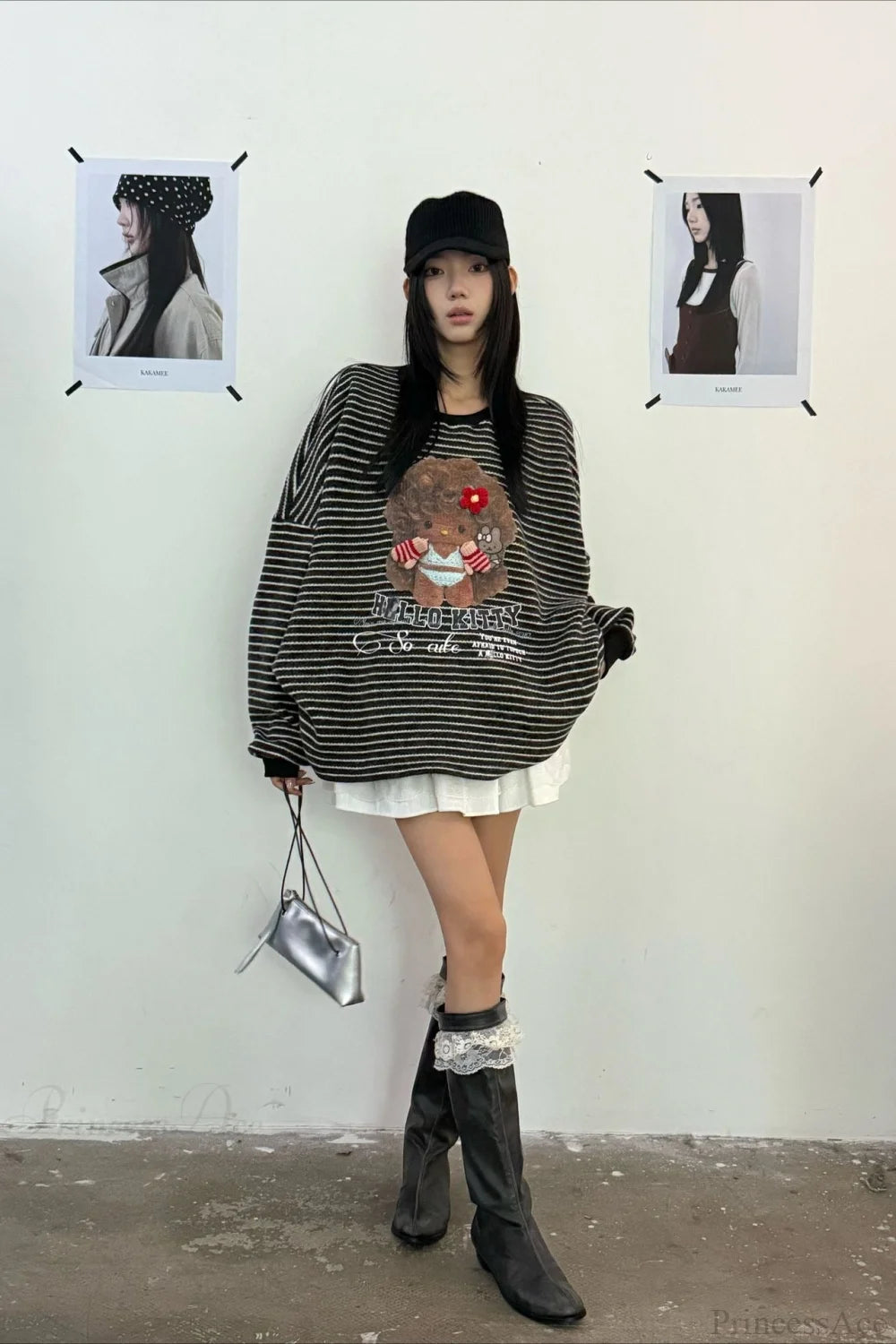 Oversized Striped Exploding Afro Hello Kitty Print Sweatshirt