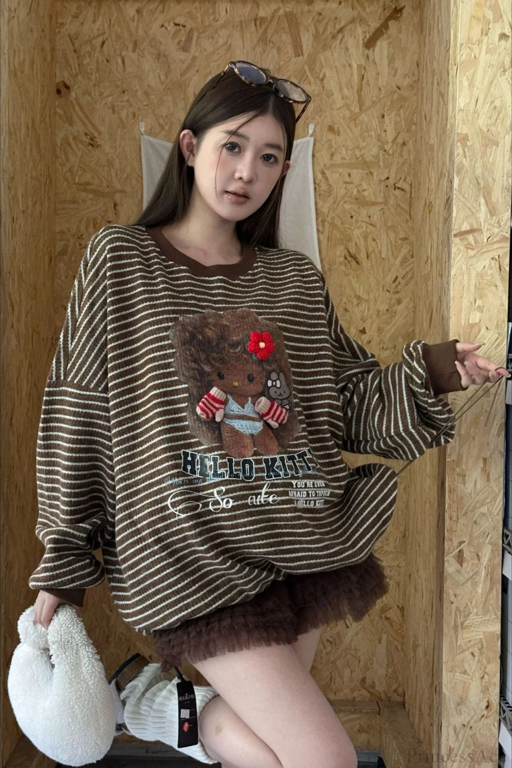 Oversized Striped Exploding Afro Hello Kitty Print Sweatshirt