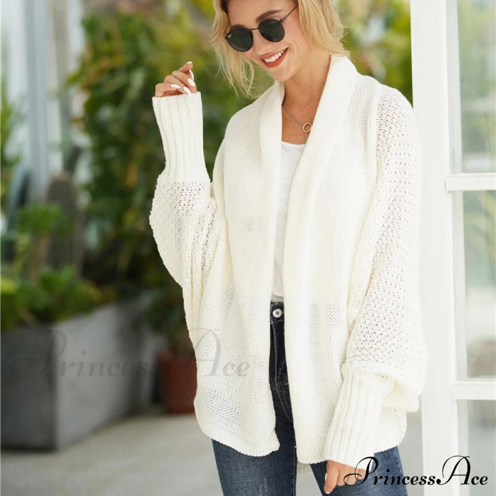 Oversized Sweater Knitted Patchwork Batwing Sleeves Cardigan Beige / One Size