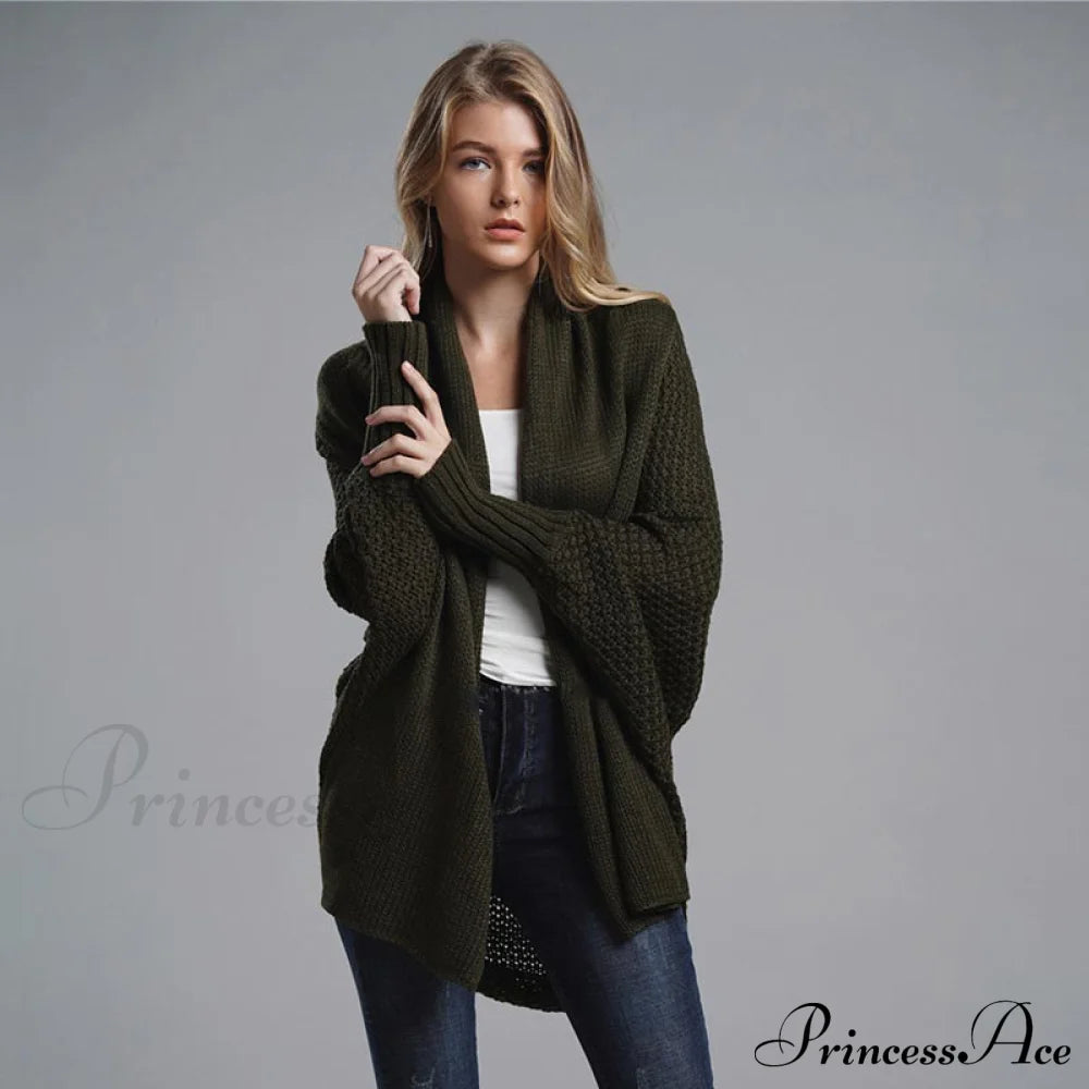 Oversized Sweater Knitted Patchwork Batwing Sleeves Cardigan Dark Green / One Size