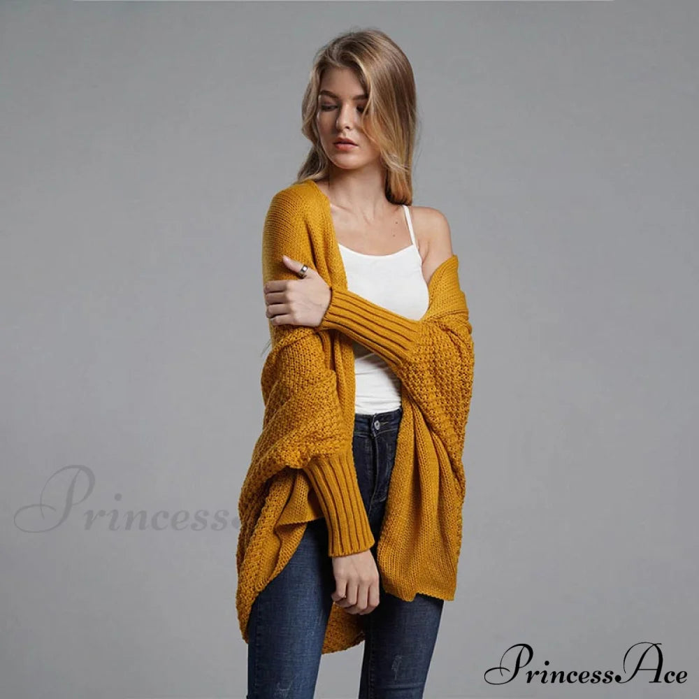 Oversized Sweater Knitted Patchwork Batwing Sleeves Cardigan Ginger Yellow / One Size