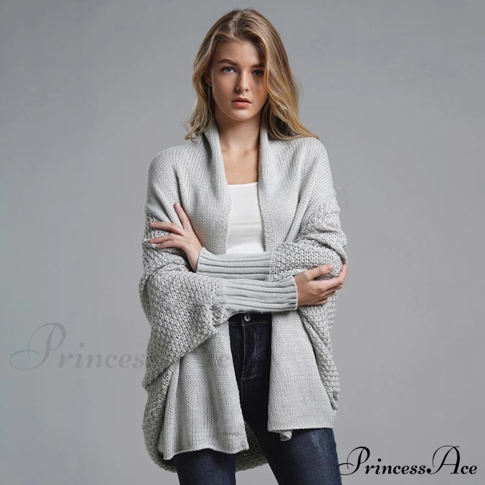 Oversized Sweater Knitted Patchwork Batwing Sleeves Cardigan Gray / One Size