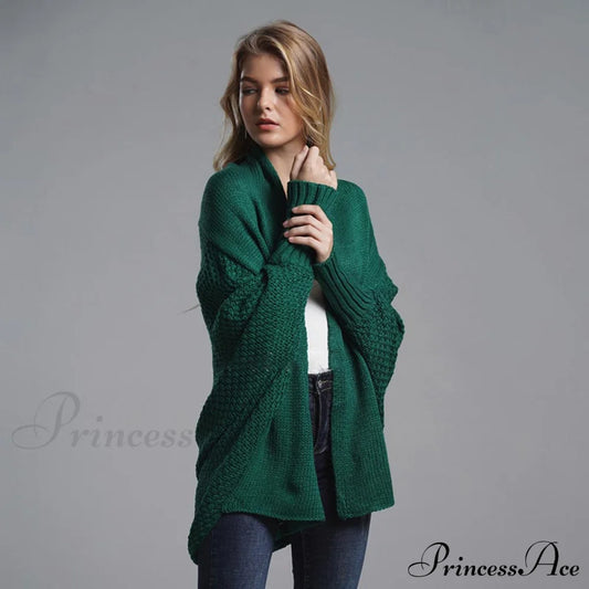 Oversized Sweater Knitted Patchwork Batwing Sleeves Cardigan Green / One Size