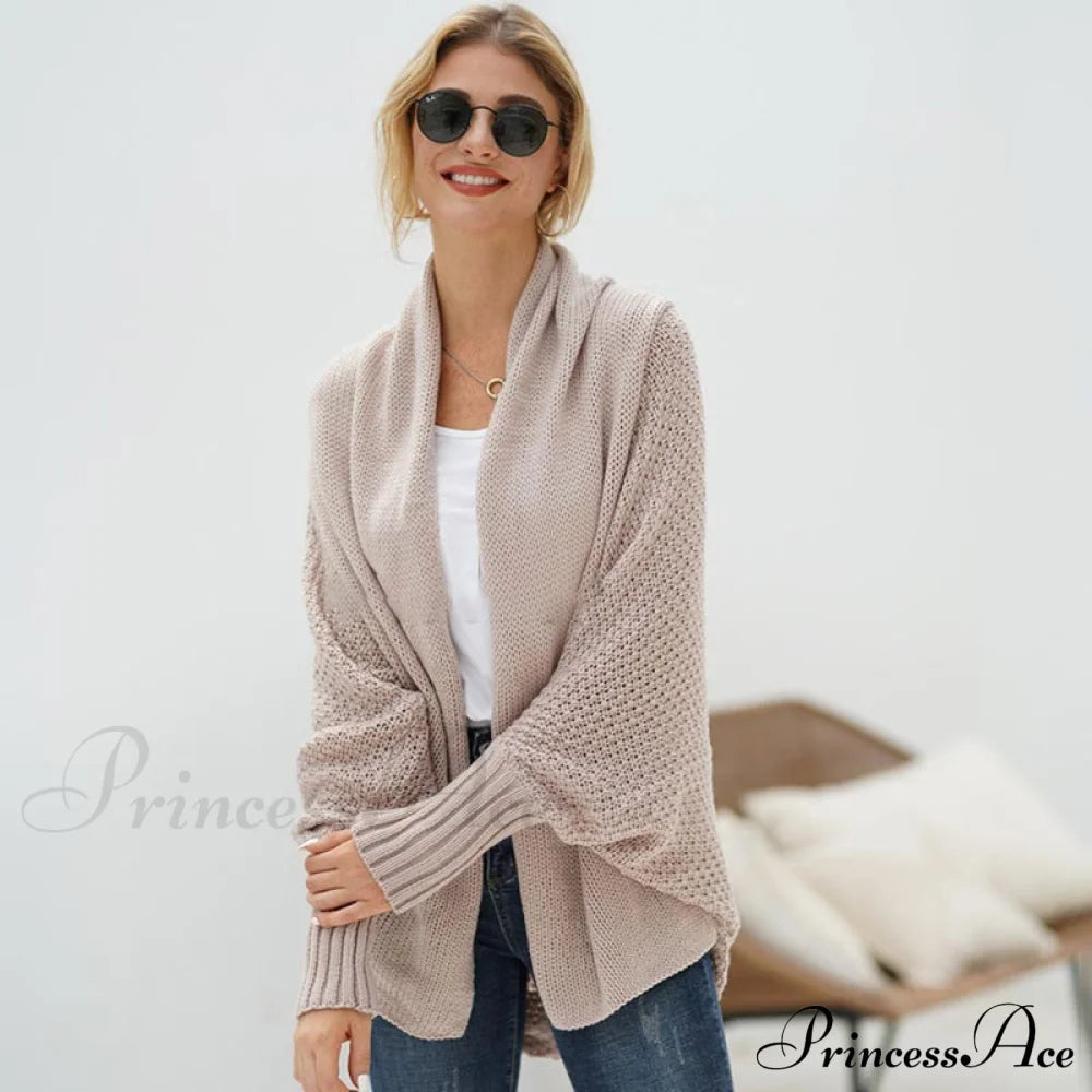 Oversized Sweater Knitted Patchwork Batwing Sleeves Cardigan Khaki / One Size