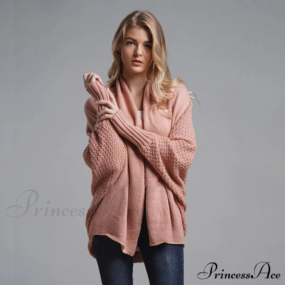 Oversized Sweater Knitted Patchwork Batwing Sleeves Cardigan Pink / One Size