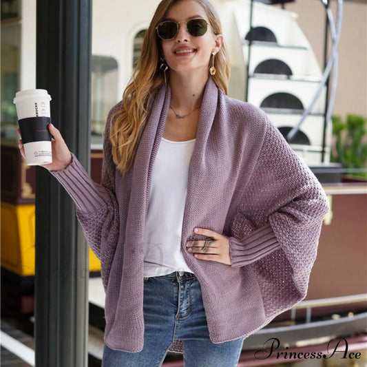 Oversized Sweater Knitted Patchwork Batwing Sleeves Cardigan Purple / One Size