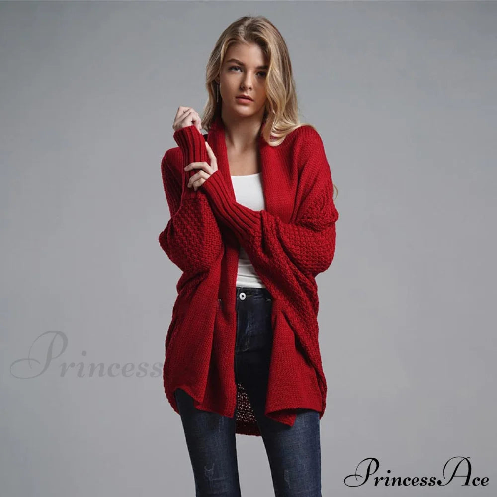 Oversized Sweater Knitted Patchwork Batwing Sleeves Cardigan Red / One Size