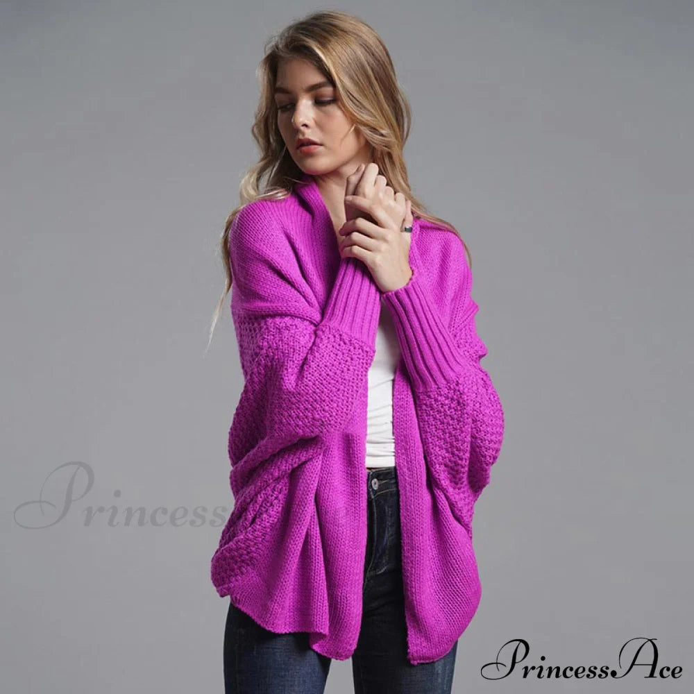 Oversized Sweater Knitted Patchwork Batwing Sleeves Cardigan Rose Red / One Size