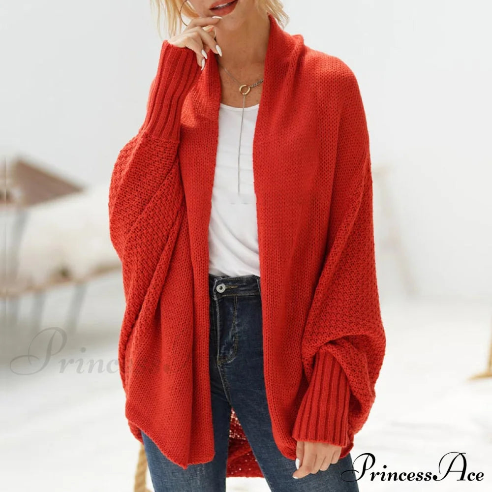 Oversized Sweater Knitted Patchwork Batwing Sleeves Cardigan Rust Red / One Size